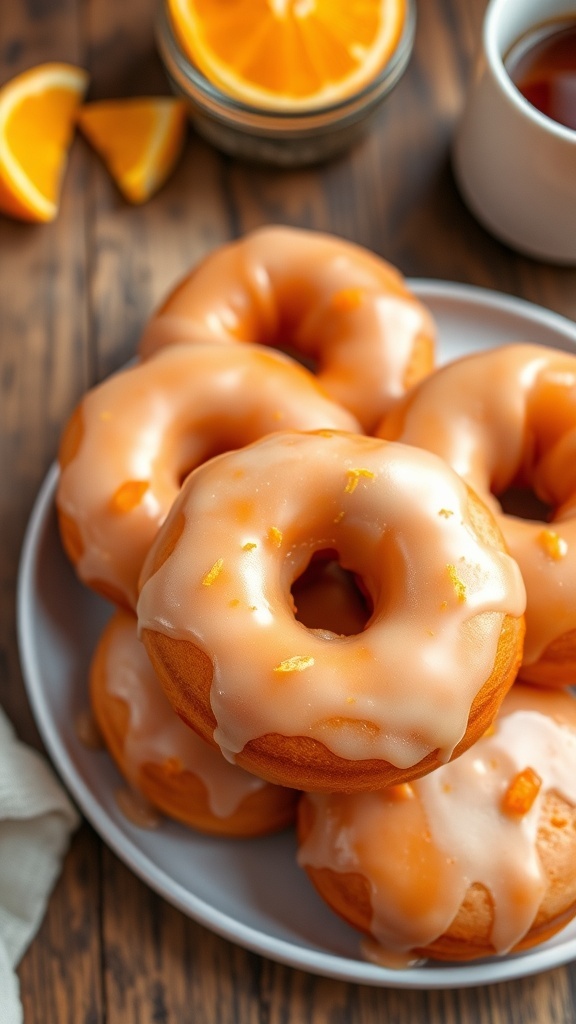 A plate of orange glazed donuts with a shiny glaze and orange zest on top, next to orange slices and coffee.